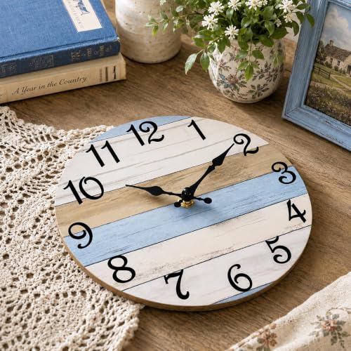 CHYLIN Wall Clock Silent Non-Ticking Battery Operated Rustic Wood Grain - color: C-dark Brownish Blue, size: 8 inch