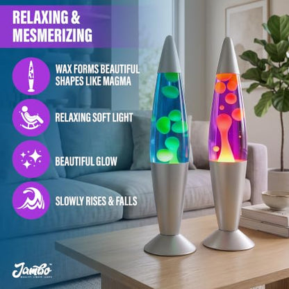 JAMBO 2 Pack- 16" Beautiful Lamp- Blue with Yellow/Green Wax and Purple with Yellow Wax, Relaxing Liquid Lamp, Night Light Nightlight, Lamps for Adults Teens Kid - color: Silver Base, Blue Liquid, Yellow Wax AND Silver Base, Purple Liquid, Yellow Wax