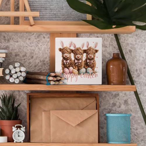 Easter Highland Cow Bunny Ears Wooden Box Sign, Farmhouse Cute Cow Happy Easter Eggs Wood Block Signs for Girls Room Dorm Apartment Desk Table Shelf Decor, 5x5 Inch - color: Easter Cow 01