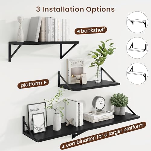 Axeman 20 Inch Floating Shelves, 10 Inch Deep Black Wall Shelves Set of 2 - color: Black, size: 20W x 10D