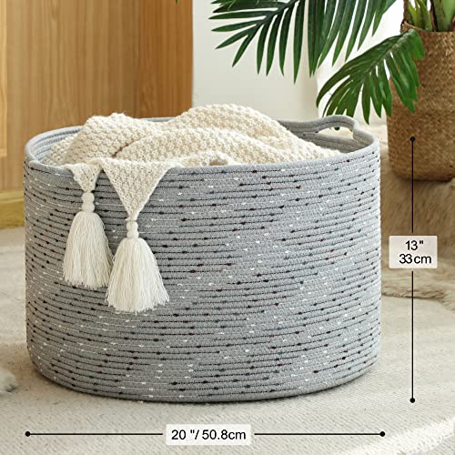 KAKAMAY Large Blanket Basket (20"x13"),Woven Baskets for storage Baby Laundry Hamper, Cotton Rope Blanket Basket for Living Room, Laundry, Nursery, Pillows, Grey with Blue & Brown Dotted - color: Grey Dot