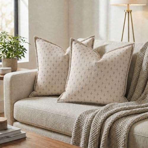 AVOIN colorlife Beige Flange Edge Throw Pillow Covers 18x18 Inch 2PC - color: Beige, size: 18" x 18" (Pack of 2)