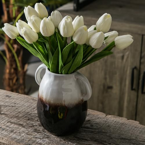 Tanvecle White Grad Ceramic Vase with Handles, 7" Modern Farmhouse Decor - color: White Grad