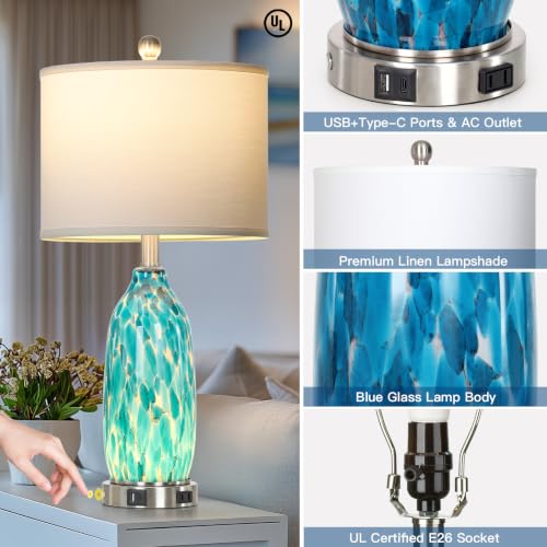 Rinweey 26" Peacock Green Glass Table Lamp for Bedroom Living Room,Coastal Nautical Bedside Lamps with USB Ports & AC Outlet,Touch Lamps with Night Light,Single Peacock Green - color: Peacock Green-1P