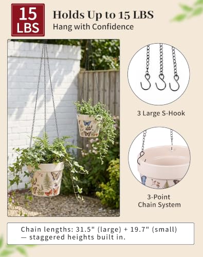 Stoneware Hanging Planters Set of 2,Large 7" + Small 5" - color: Set 2-butterfly Garden