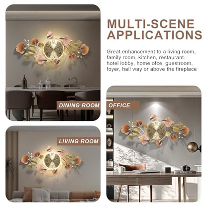 Large Wall Clocks for Living Room Decor with Silent Quartz Movement and 3D Ginkgo Leaf Modern Stylish Decorative Metal Wall Clock for Living Room/Bedroom/Office/Bathroom Wall Art - size: 14''Lx31''W