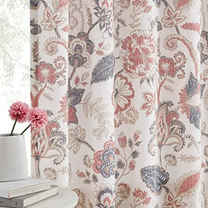 Kayne Studio Navy Red Jacobean Floral Rod Pocket Semi Sheer Curtains 84Inch - color: Navy Red, size: 52"W x 84"L (Pack of 2)