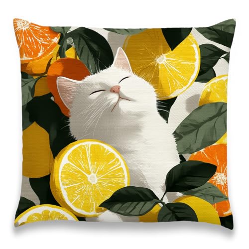 Sleeping Cat Pillow Cover 18x18 Inches, Citrus Botanical Decor - color: Lemon Cat