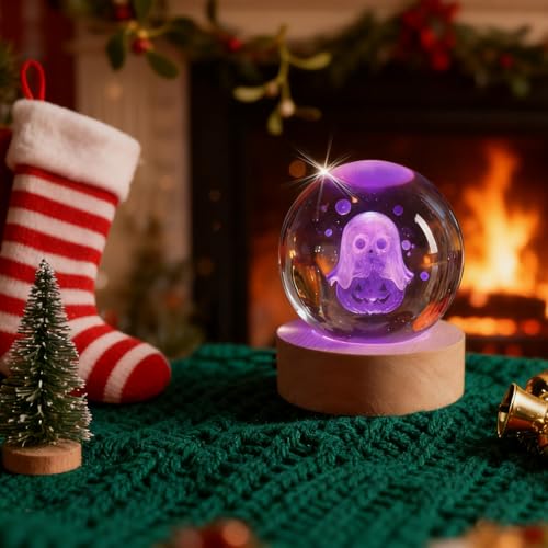 3D Ghost Crystal Ball Night Light,2.36inch Laser Engraved Led Light with Wooden Base, Gifting Box for Birthday Xmas Cool Figurines Gifts for Halloween Room Decor Boys Girls - color: Green