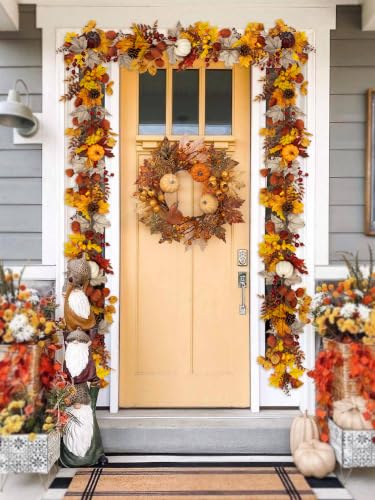 6FT Fall Garland with Lights Pumpkins Pinecones for Mantle, Table, Porch - color: Brown & Gold & Gray