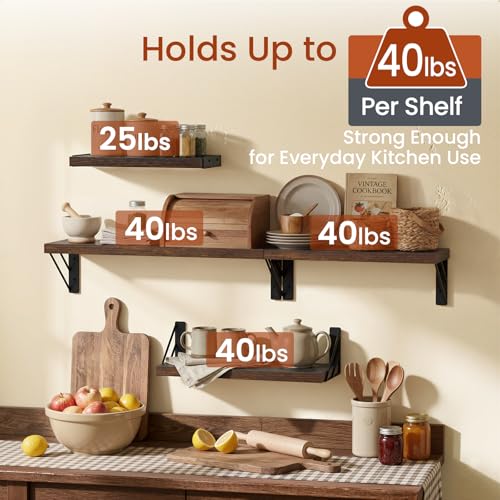 BAYKA Wall Mounted Floating Shelves (Rustic Brown, Set of 4, 16" Mixed) - color: C. Rustic Brown Board & Black Brackets, size: 16 inches Mixed