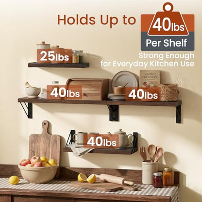 BAYKA Wall Mounted Floating Shelves (Rustic Brown, Set of 4, 16" Mixed) - color: C. Rustic Brown Board & Black Brackets, size: 16 inches Mixed