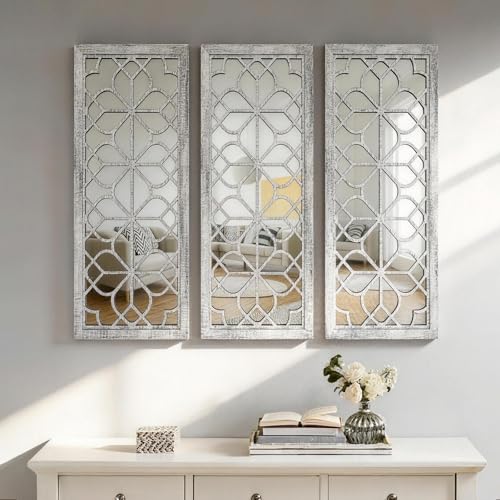 Set of 2 16x41.5 Inch Large Carved Floral Wood Frame Wall Mirrors, Shatterproof Boho Farmhouse Rustic Accent Mirrors for Living Room, Bedroom, Bathroom, Entryway & Home Wall Decor (Gray) - color: Grey（2pcs）, size: 16"L x 41.5"W