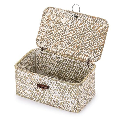 Handwoven Seagrass Basket Small Wicker Basket with Lid,7x4.3x 3.3" - color: Whitewash color, size: 7.0"L x 4.3"W x 3.3"H