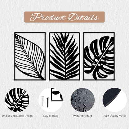 Resama 3 Pack Black Metal Monstera Palm Leaf Wall Decor - color: Black