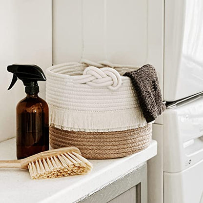 CherryNow Small Woven Rope Baby Basket with Tassel, 9.5" x 7", Jute - color: White & Camel, size: 10L (9.5"W x 7"H)