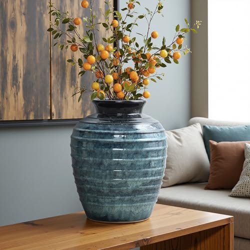 LuxenHome 16'' Rippled Blue Round Ceramic Vase