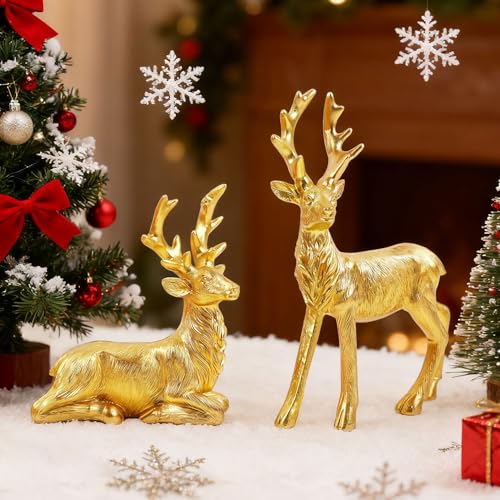Lulu Home 2 Packs Gold Reindeer Figurines, Sitting & Standing - style: 2 Peers with Texture