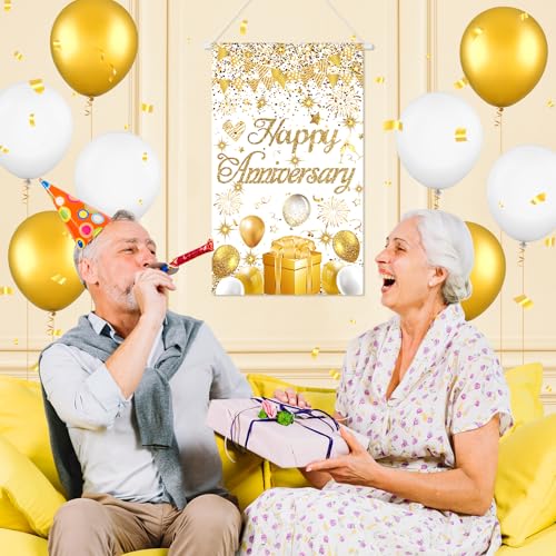 Anniversary Party Decorations White Gold Happy Anniversary Door Banner Sign Small Wedding Anniversaries Door Hanging Banner Porch Front Door Decor for Women Men Cruise Door Sign Supplies - color: White