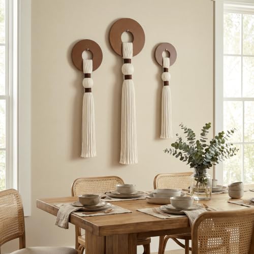 Tegeme 3 pcs Macrame Wall Hanging decor, Disc Tassel, Beige, Wood - size: Wood, style: Disc Tassel
