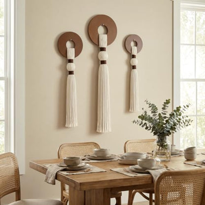 Tegeme 3 pcs Macrame Wall Hanging decor, Disc Tassel, Beige, Wood - size: Wood, style: Disc Tassel