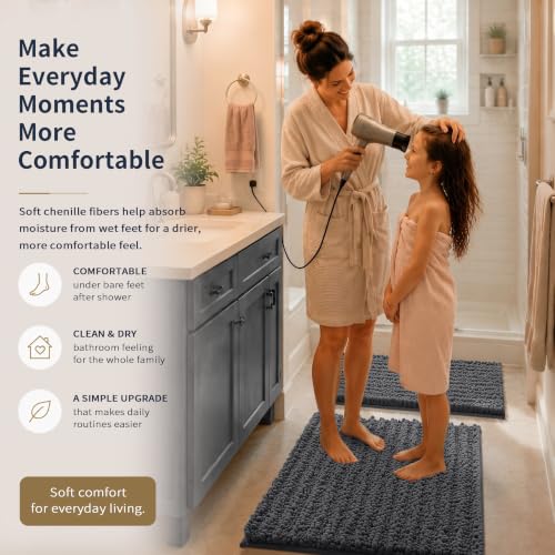 Yimobra Bathroom Rug Set 3 Piece, Super Absorbent Bath Mat Set, Dark Gray - color: Dark Gray, size: 24"x17" + 24"x20" + 30"x20"
