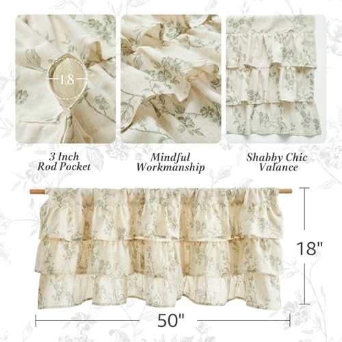 jinchan Alisa Ruffled Floral Valance Curtain 18 Inch 1 Panel Green on Linen - color: Alisa Green on Linen
