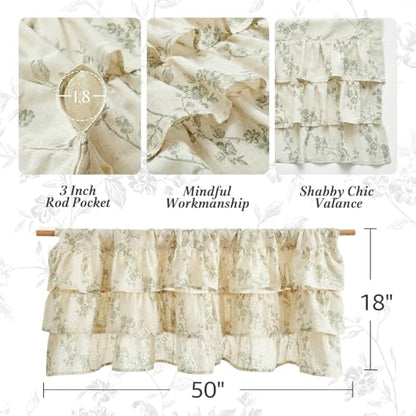 jinchan Alisa Ruffled Floral Valance Curtain 18 Inch 1 Panel Green on Linen - color: Alisa Green on Linen