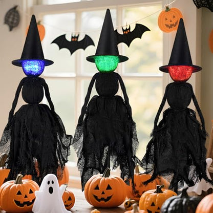 Halloween Decorations Indoor, Set of 3 Lighted Primitive Witch with Hat, Spooky Black Witches Figurines LED Lights Standing Table Decor Scary Table Centerpieces Tiered Tray Decor Shelves Mantels Home