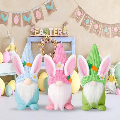 Sggvecsy Easter Gnomes Decorations 3Pcs Bunny Spring Tomte Nisse Swedish Rabbit Plush Scandinavian Faceless Dwarf Handmade Elf for Table Ornament Home Decor