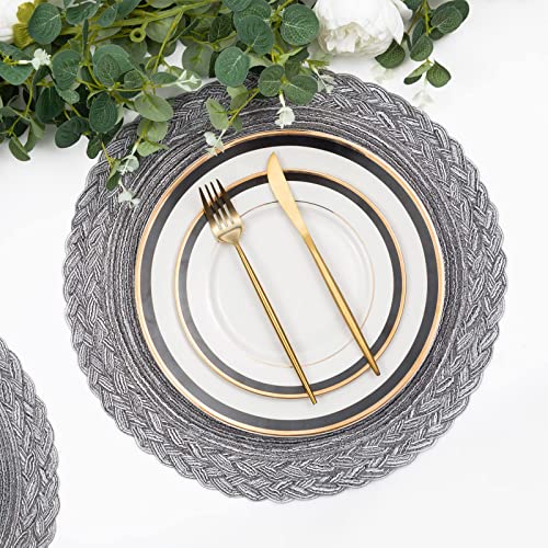 SHACOS Round Placemats Set of 6 Woven Round Table Mats 15 inch Braided Border Washable Cotton Polyester Circle Place Mats, Gray (Pack of 2) - color: Gray, size: 6 pieces (Pack of 2)