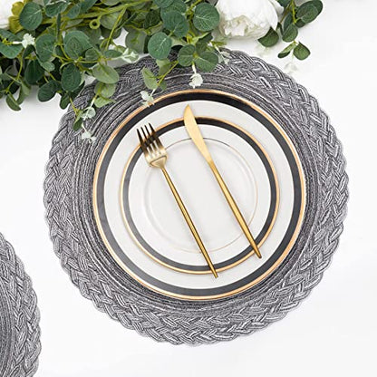 SHACOS Round Placemats Set of 6 Woven Round Table Mats 15 inch Braided Border Washable Cotton Polyester Circle Place Mats, Gray - color: Gray, size: 6 pieces