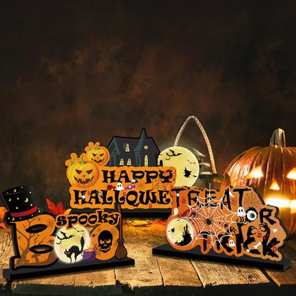 3Pcs Halloween Table Decorations - Happy Halloween Table Wooden Centerpiece Signs, Trick or Treat Wooden Sign, Boo Spooky Signs for Party Dinner Room Decor