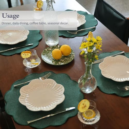 AHHFSMEI Round Scalloped Placemats Set of 6 15 Inch Faux Linen - color: Forest Green
