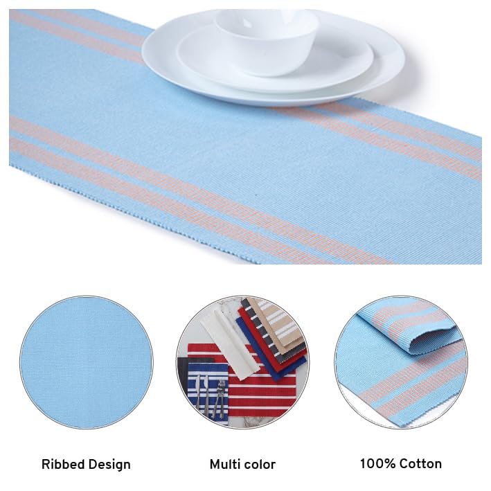Encasa XO Table Runner, Yarn Dyed Ribbed Cotton 13"x94" - color: Ladder Blue, size: 13x94 in