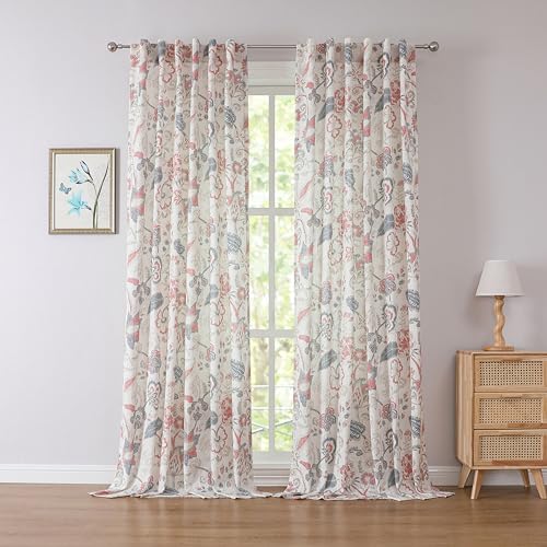 Kayne Studio Navy Red Jacobean Floral Rod Pocket Semi Sheer Curtains 90Inch - color: Navy Red, size: 52"W x 90"L (Pack of 2)