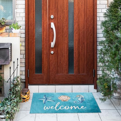 Jvpke Blue Beach Welcome Mat for Front Door, Beach Door Mat, Starfish Seashell Seahorse Beachy Door Mats Indoor Outdoor Entrance Porch, Ocean Beachy Baths Mats for Bathroom, 17x30 Inches - color: Beach Welcome Blue