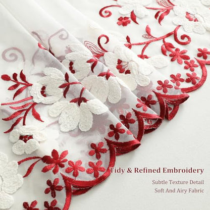 VOGOL Embroidered Lace Sheer Valance, Grommet Top, 55 x 24, 1 Panel, Red - color: Red