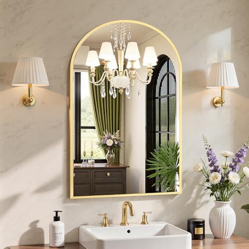 Sweetcrispy 20"x30" Arched Gold Bathroom Mirrors for Wall - color: Gold, size: 30"L x 20"W