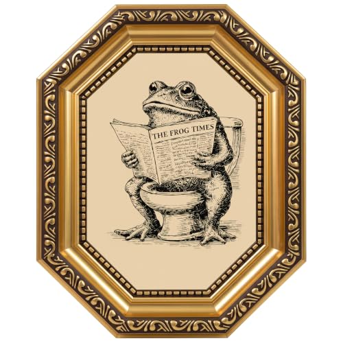 Vintage Gold Octagonal Framed Bathroom Art, Funny Bathroom Wall Art, Frog on Toilet Reading Newspaper Canvas Print, Whimsical Animal Wall Decor Pictures for Restroom Toilet - color: Bathroom Frog, size: 8*10