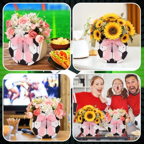 Cinnvoice 6 Pcs Wooden Soccer Centerpieces with Pink Bows, Soccer Vases - style: Bow