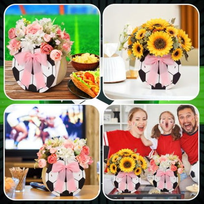 Cinnvoice 6 Pcs Wooden Soccer Centerpieces with Pink Bows, Soccer Vases - style: Bow