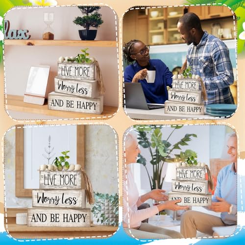 Moucuny 4 Pcs Inspirational Farmhouse Table Decor Rustic Stacked Wooden Block Sign - Live More Worry Less Be Happy Centerpieces Set with Beaded Tassel and Artificial Plant for Home, Office, Shelf Gift - style: Be Happy