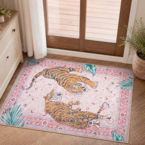 Moynesa Pink Tiger 2x3 Entryway Rug, Washable Boho Rug for Girls Bedroom - color: Pink, size: 2' x 3' (Rectangular)
