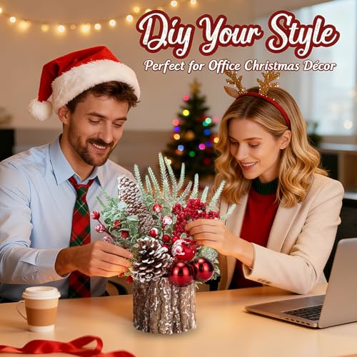 Christmas Decorations Indoor, Christmas Centerpiece Table Decorations, Small Artificial Tabletop/Desk Christmas Tree with Xmas Ornaments Pinecone Berry for Home Farmhouse Mantle Décor (Red)