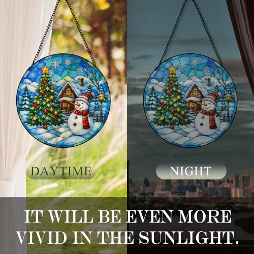 Rustic Winter Snowman Suncatcher Stained Glass Window Hanging, Farmhouse Christmas Tree Sun Catchers Indoor Window Glass Round Wall Decor,Winter Xmas Cottage Wall Art Hanging Decorations 7.8x7.8 - color: Christmas_14