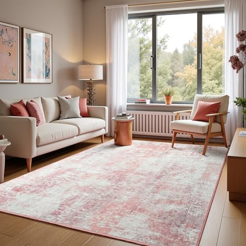 5x7 Pink Washable Area Rug for Living Room Bedroom, Modern Abstract Non-Slip Rugs, Low Pile Soft Stain Resistant Carpet for Dining Room, Office, Dorm Decor - color: Pink, size: 5' x 7' (Rectangular)