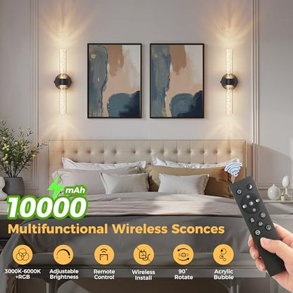 Battery Operated Wall Sconces Set of 2, 10000mAh Rechargeable Wall Light - color: Black, size: 18 inch