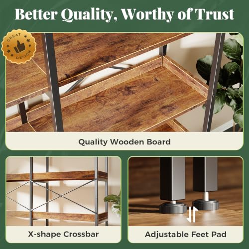 Huuger 4 Tier Bookshelf with 8 Open Shelves and Raised Baffle, Rustic Brown - color: Rustic Brown, size: 4 Tier