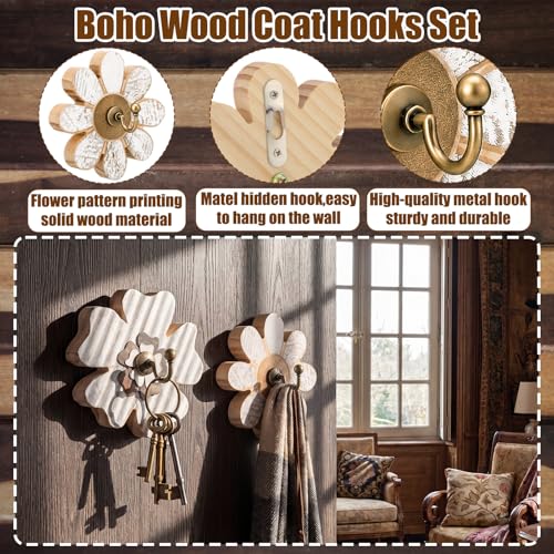 AceOrbit 2 Pcs Farmhouse Boho Flower Coat Hooks Distressed Wooden Wall Hook